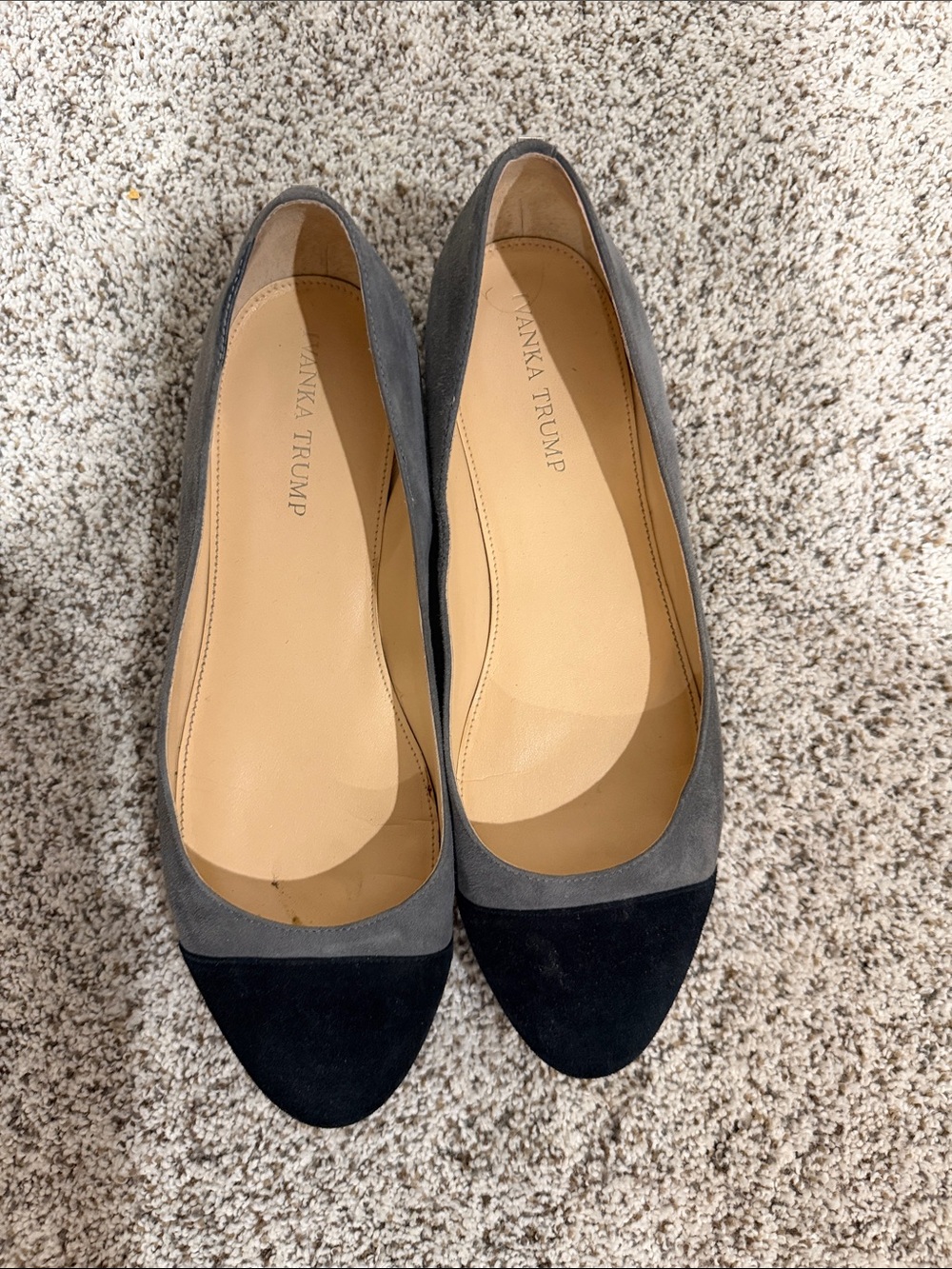 Ivanka Trump Two-Tone Gray and Black Suede Round-Toe Flats